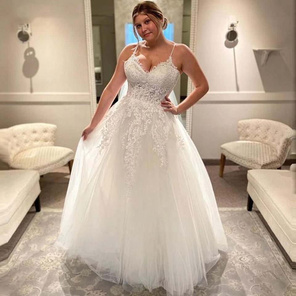 Vestidos de novia talla grande playa sin mangas línea A tirantes de espagueti vestidos de novia Foto 2 de 4