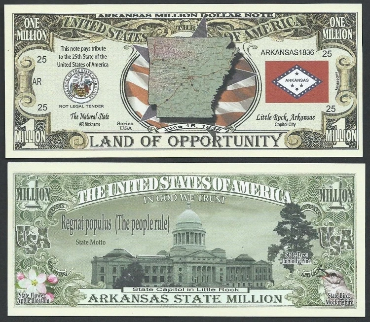 Arkansas State Million Dollar Bill Play Funny Money Novelty Note + FREE SLEEVE