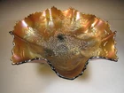 Antique Fenton Large Smoky Blue Feet & Collar Stag & Holly Carnival Glass Bowl