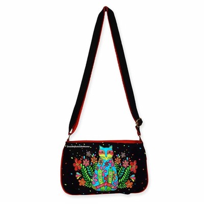 Laurel Burch Kaleidoscope Cat in Flowers SMALL Crossbody Tote Bag 9.5 x 7'' NEW