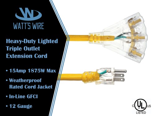 10 ft - GFCI 12 Gauge Heavy Duty Extension Cord - 3 Outlet SJTW - Indoor/Outd... - Picture 2 of 6