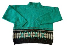 VTG 90  s Geometric Blue Abstract Knitted Crew Sweater Grandpa Wool Small