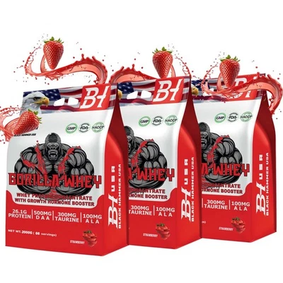 3 Fotos |Gorilla Whey 6K Fresa | Constructor de Músculo Alto en Proteínas | Black Hammer EE. UU.