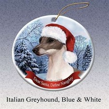 Holiday Pet Gifts Italian Greyhound, Blue and White Dog Porcelain Ornament