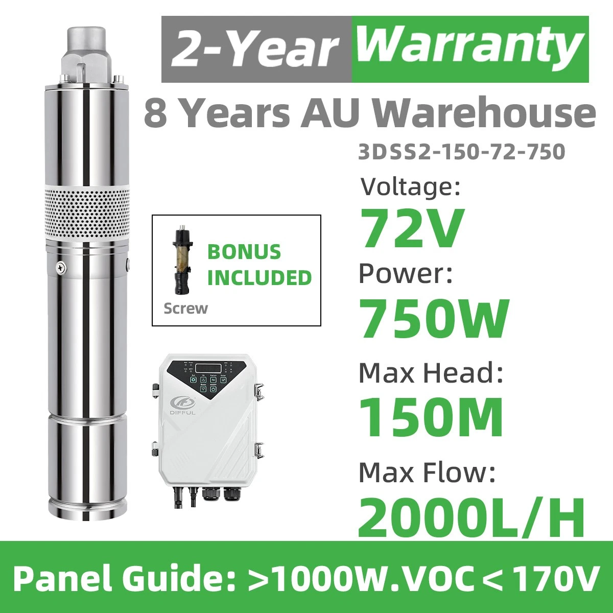 AU STOCK DIFFUL 3" DC Screw Solar Water Pump Kits 72V 750W Submersible Well