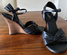 Faith Wooden Wedge Heeled Black Sandals Size 4 / EUR 37