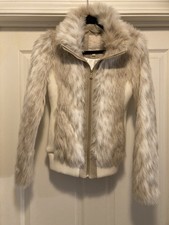 Guess Faux Fur Knit Short Coat Jacket, Ivory/Taupe, Lined, Band Waist Size S