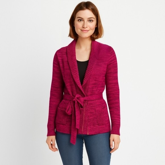 Cardigan Belted Knit Sweater Shawl Collar Long Sleeve Large Pink Magenta Women’s-image