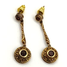 Vintage Victorian Revival Earrings Gold Tone Over 925 Sterling Silver Red Stones