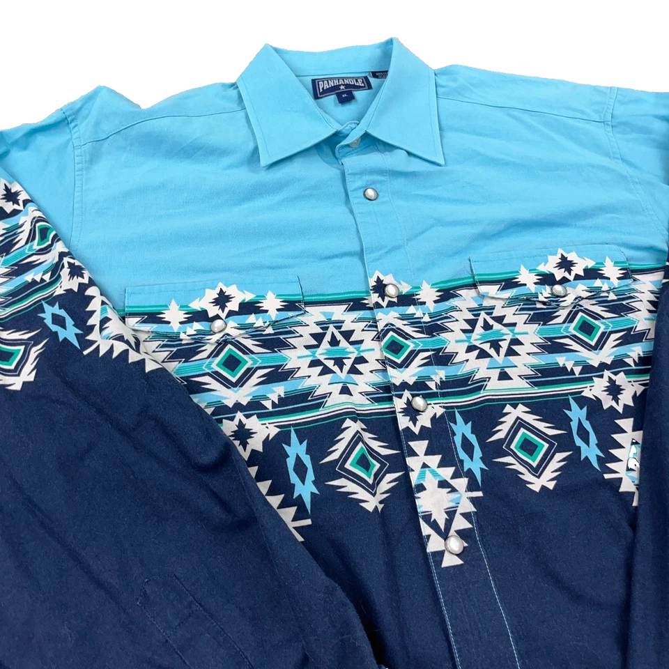 Panhandle Slim Shirt Men XL Blue Pearl Snap South Western Cowboy Aztec Navajo - Image 3 of 4