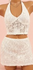 Women  s White Floral crochet Lace style 2-Piece Set Tie Back Crop Top  Skirt M
