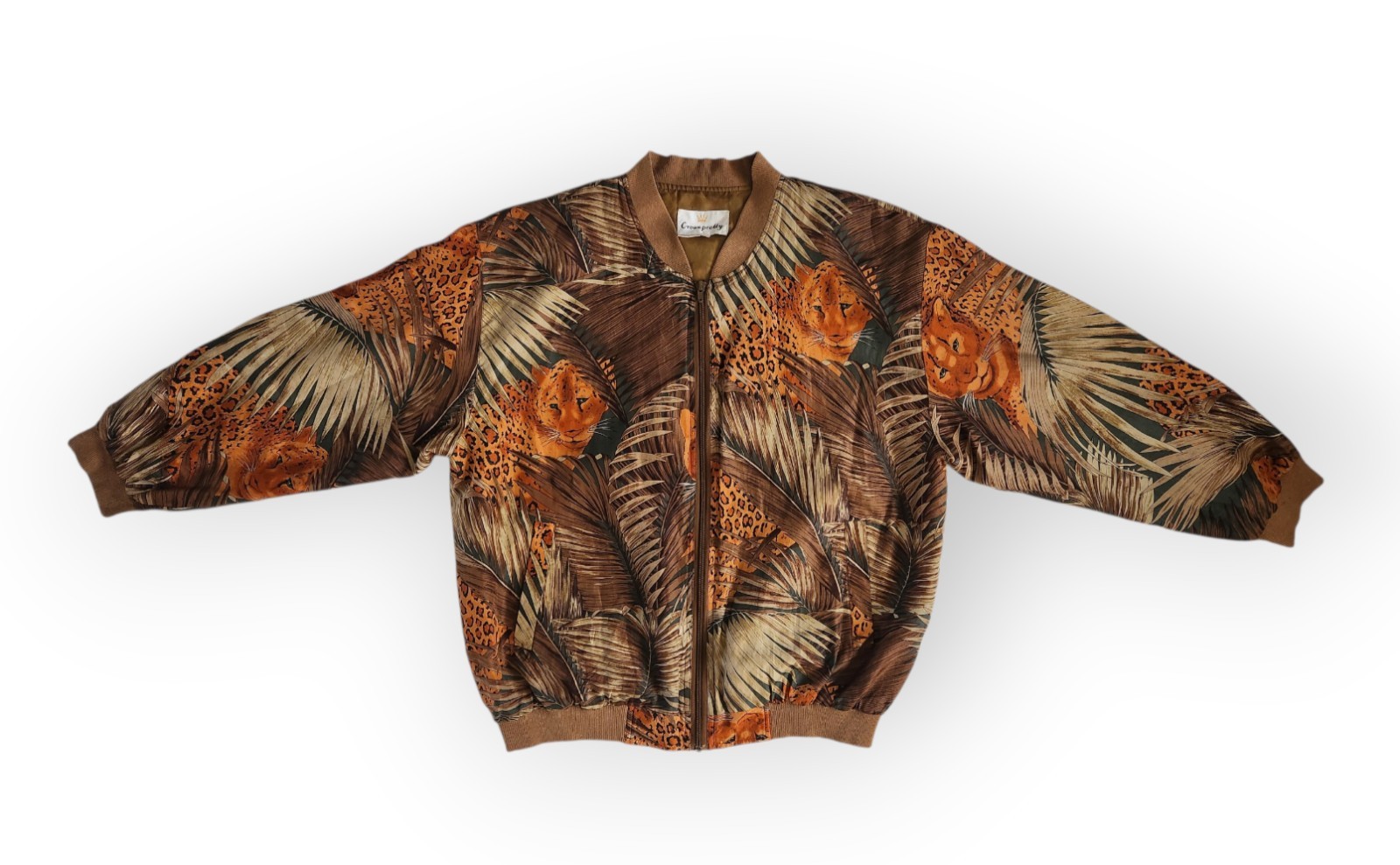 VINTAGE Crownpretty 100% Pure Silk Bomber Jacket Leopard Print Jaguar Mens Large