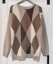 Vintage Leslie Fay Womens L Lambswool Angora Sweater Crewneck Argyle Knit Brown