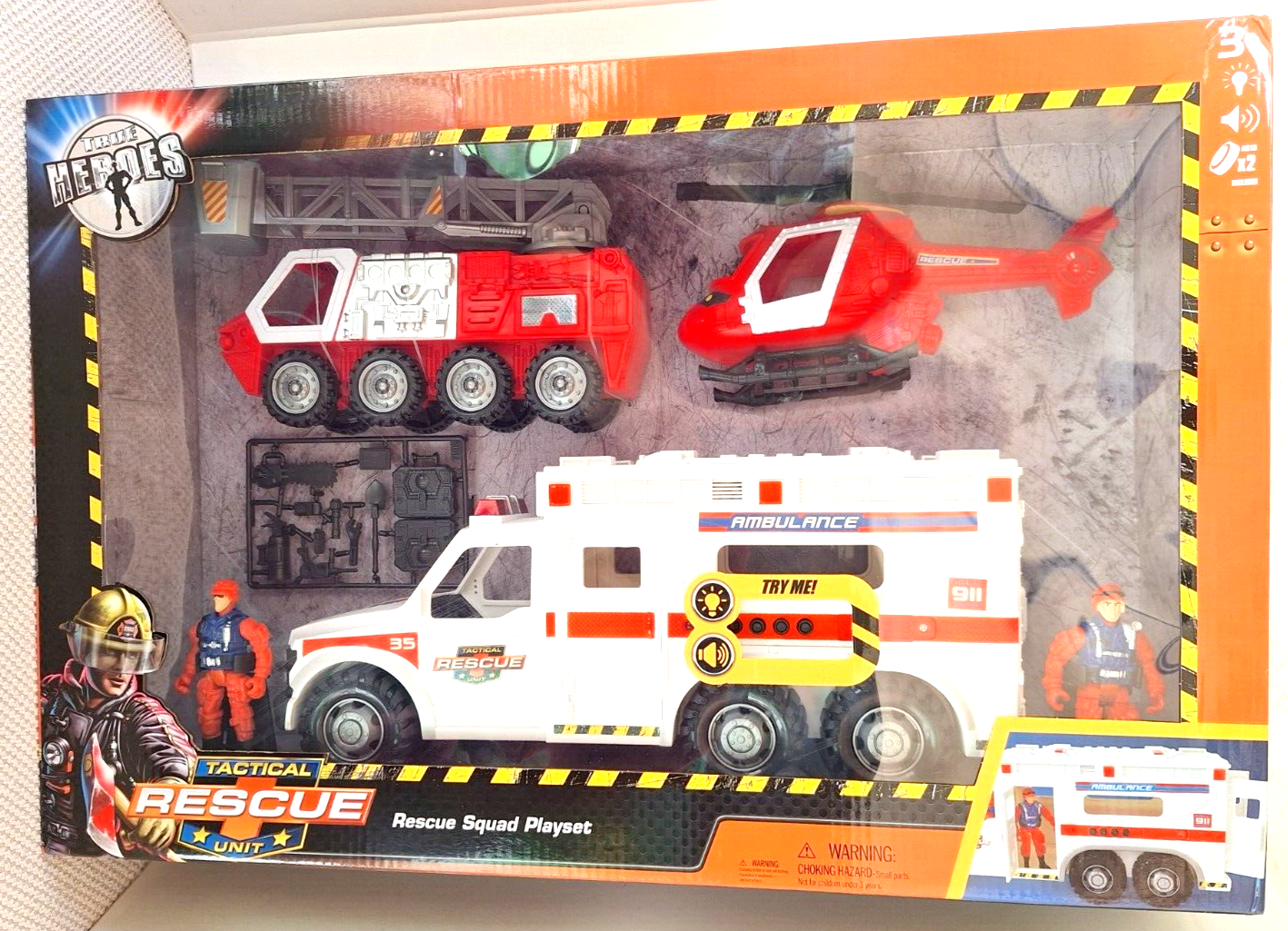 True Heros FIRE RESCUE PLAYSET Ambulance Lights Sound Fire Engine Helicopter NIB