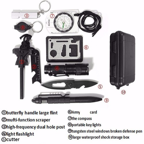 10 IN 1 Survival Kit Outdoor Emergency SOS Camping Hiking Tactical Gear Backpack - Picture 4 of 12