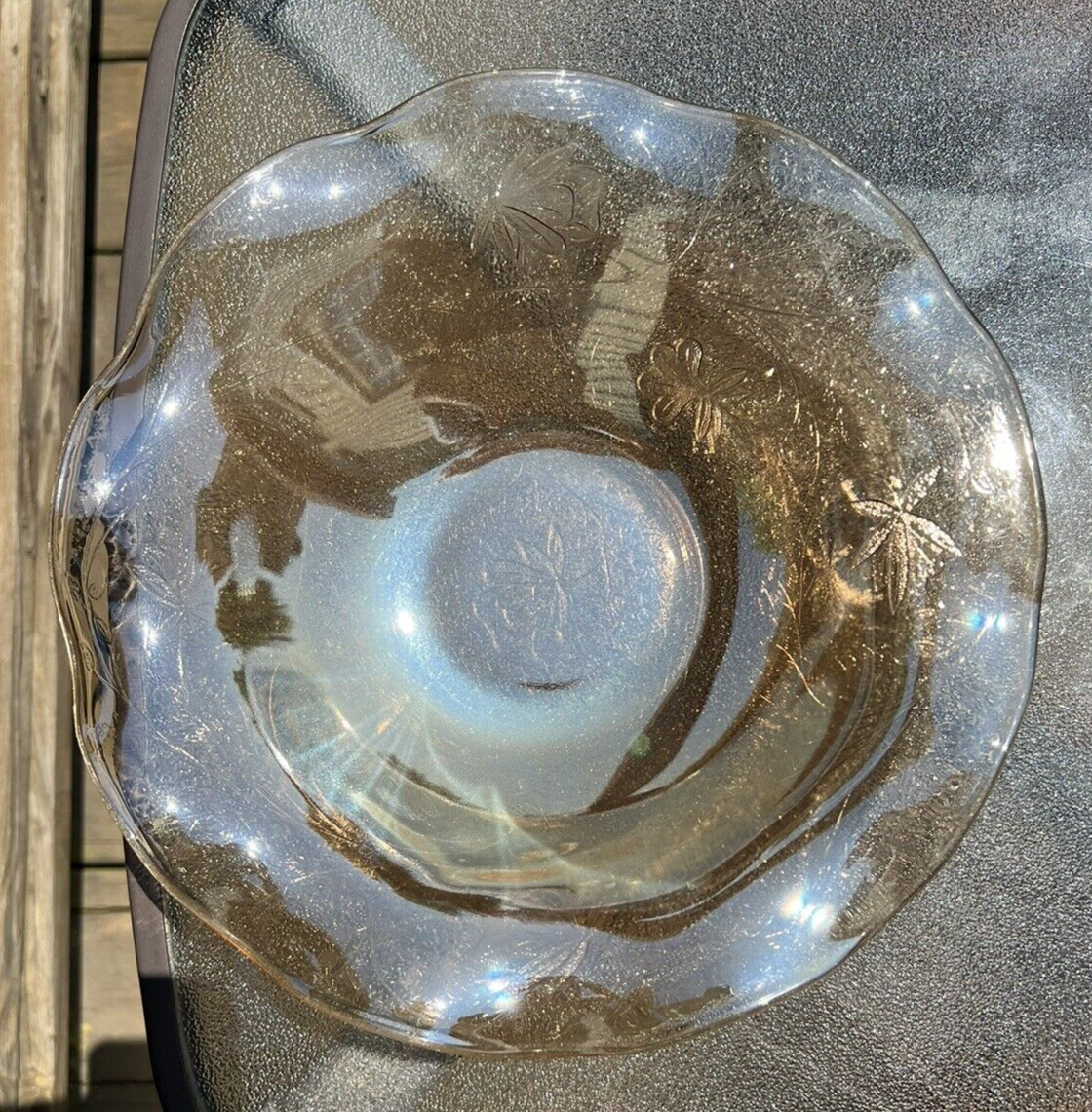 Peach Iridescent Ruffled Edge Fruit Bowl Jeannette Floragold Carnival Glass