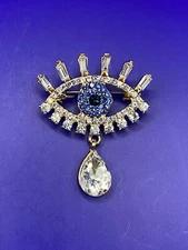 Gold Tone Tear Drop Evil Eye Rhinestone Brooch Pin
