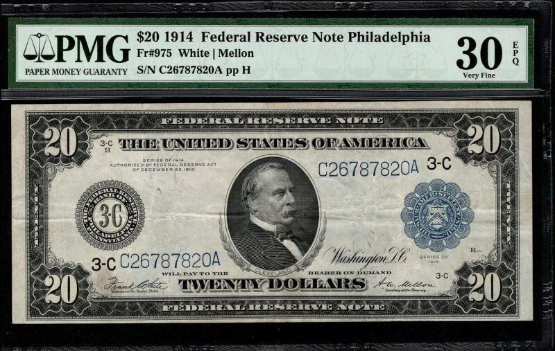 1914 $20 Federal Reserve Note Philadelphia Fr. #975 White/Mellon PMG 30 (BFJ) - Image 4 of 4