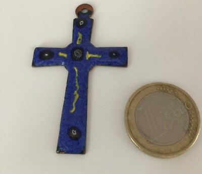 Pendentif Croix En Métal Cuivre Et émail Bleu - Vintage Année 2010 - Occasion Bel état