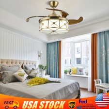 36 Inch Retractable Ceiling Fan Light Vintage LED Dimmable Chandelier w/ Remote