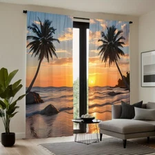 2pcs Tropical Beach Palm Tree Seaview Sunset Curtains for Bedroom Living Room