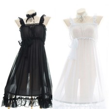 Lolita Japanese Girls Chiffon Sheer Maid Apron Dress Bow Costume Sleepwear Sexy