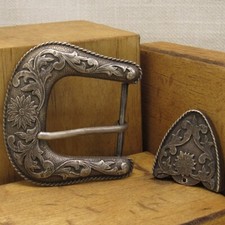 Large Sterling Silver Floral Design Buckle Set stamped S.Fe 