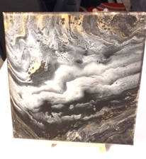 Handmade Abstract Original Acrylic Pour Painting on 8X8 Canvas Varnished  Stand