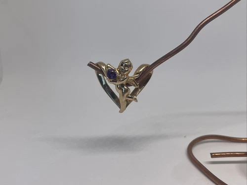 Beautiful 14k Yellow Gold Angel Pendant: Heart, Purple Stone, Birth Month, Feb