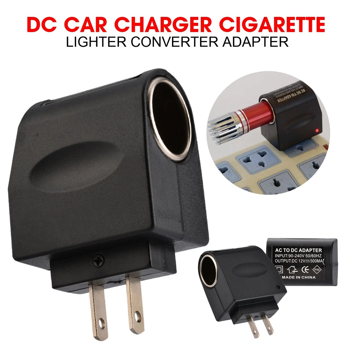 AC US Plug Wall Power to DC Car Charger Cigarette Lighter