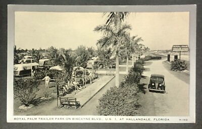 Postcard Hallandale FL Royal Palm Trailer Park RVs Cars Biscayne Blvd & US 1