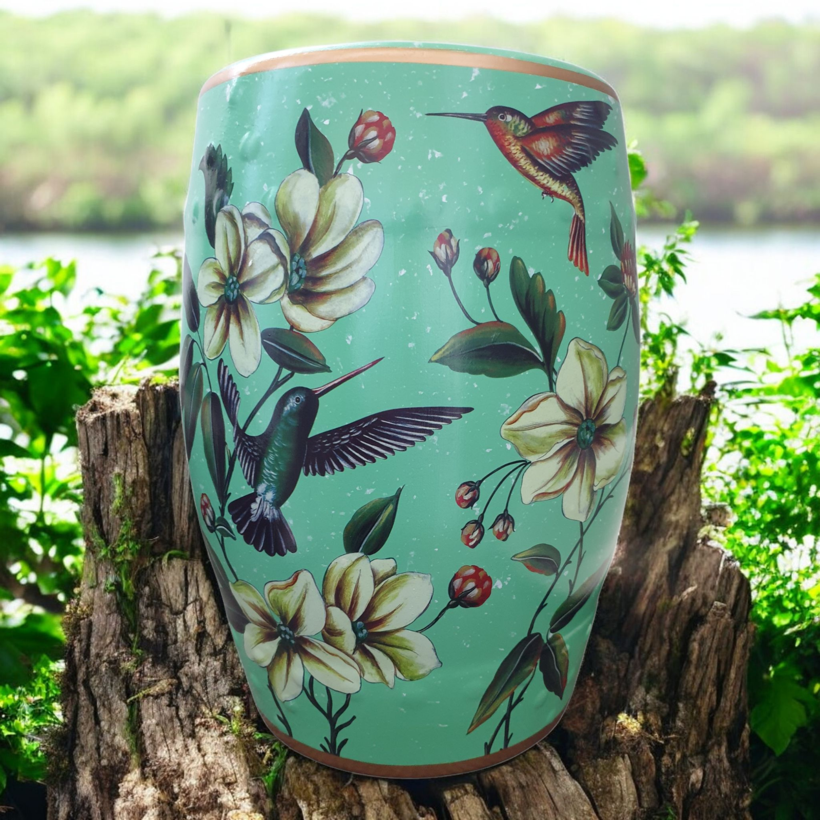 Chinese Ceramic Stool / Plant Stand - Humming Birds and Flowers Pattern