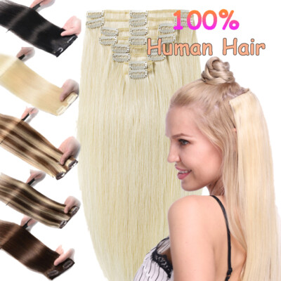 S-noilite Double Drawn 8pcs Clip in Remy 100% Human Hair Extensions Mix Color NH
