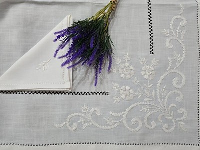 Large Size Hand Embroidered Linen Blend Tablecloth 12 Seater 175x315cm
