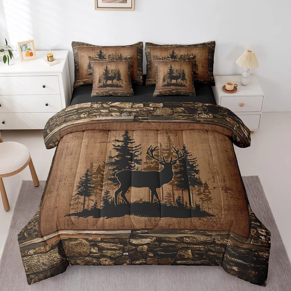 Juego de edredón de ciervos con sábanas tamaño king 7 piezas niños rústico caza ropa de cama se Foto 3 de 4