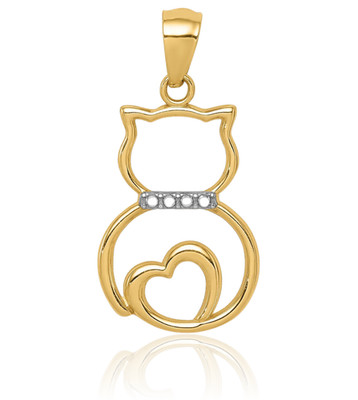14K Solid Two Tone Gold Medium Cat Heart Pendant Necklace 22mm 7/8 inch Diamond
