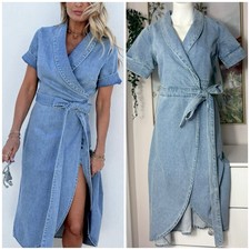 Never Fully Dressed Light Wash Blue Denim Wrap Midi Dress Size 2 XS Short Sleeve