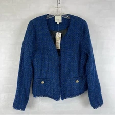 Olive & Oak Royal Blue Tweed Jacket Fringe Edge Gold Buttons Size Large L