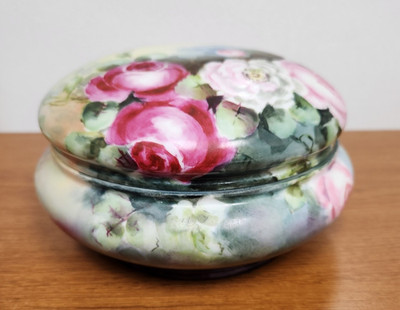 Limoges France Powder Jar - Green with Pink Roses - 6'' Diameter - Signed ELITE 