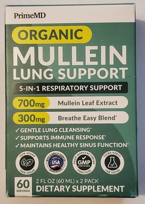 New Organic PrimeMD Mullein 5-in-1 Lung Support Drops 2 Pack Respiratory Health