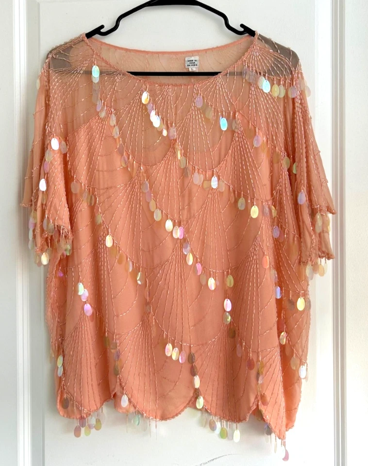 Blusa Top 100% Seda Oleg Cassini Melocotón Lentejuelas Vintage Grande Años 80 Glam Foto 2 de 4