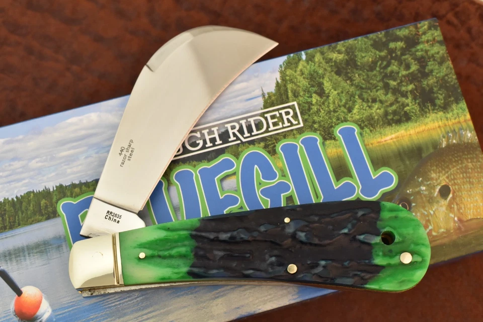 ROUGH RIDER RYDER BLUEGILL GREEN STAG BONE HAWKBILL PRUNER KNIFE RR2635 NICE - Image 3 of 4