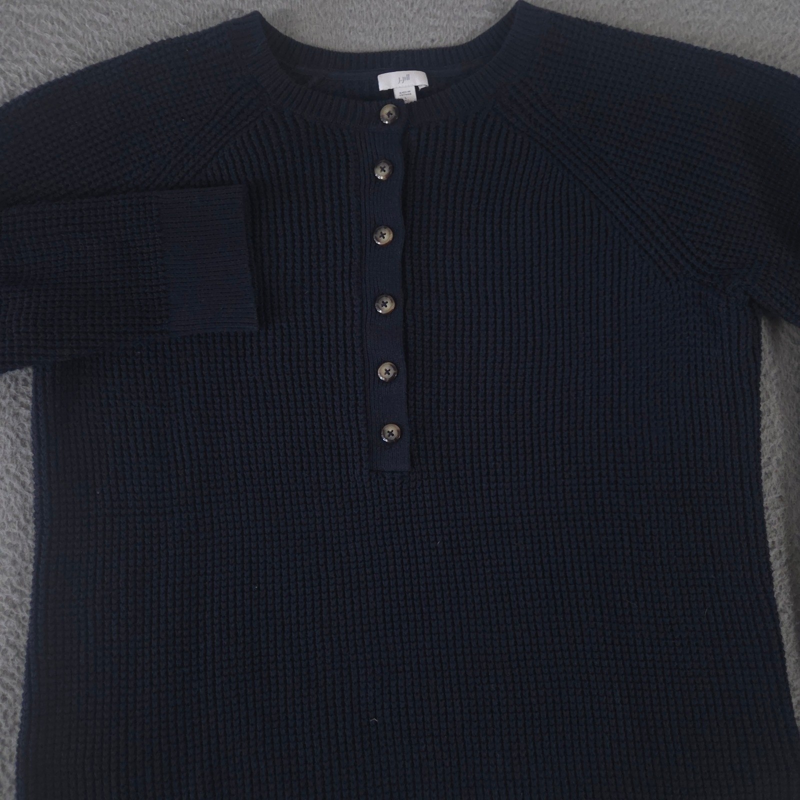 J. Jill Sweater Womens L Tall Navy Waffle-Knit Henley Cotton Blend Raglan Sleeve