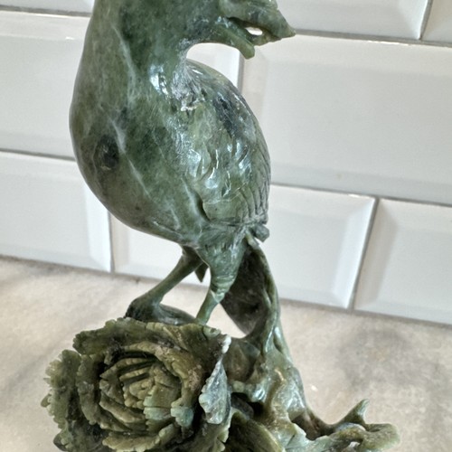 Statuina vintage cinese intagliata a mano verde smeraldo giada faonice 2 uccellini 8" - Foto 3 di 14