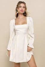 NWT LULUS Elegant Adoration Cream Floral Jacquard Long Sleeve Mini Dress Size XS