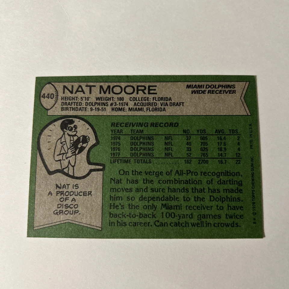 Topps 1978 Nat Moore #440  NM-MT to Mint Dolphins Pack Fresh Sharp Centered - Image 2 of 4