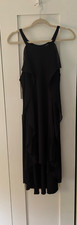 Halston Dress High Low Trapeze Black, Chiffon Flutter front panels, Halter neck