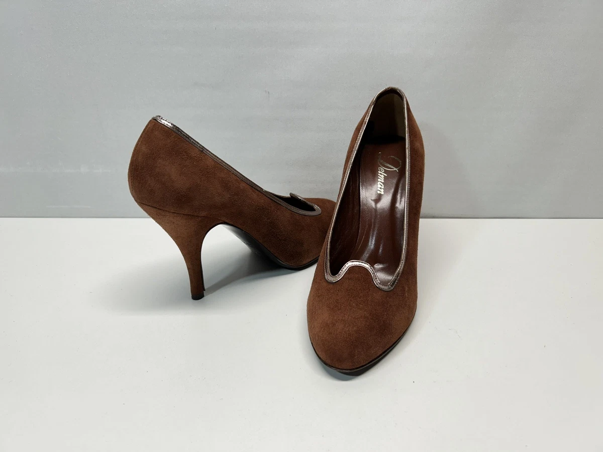 US Women’s 9.5 Dress Shoes Tomboy Toes 1 Inch Heel Brown Leather Delman Delman Low (1-1.9 in) Heel Height Suede Upper Heels for  main image 3