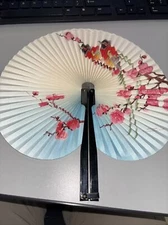 Vintage Peoples Republic of China Paper Folding Fan Metal Handle 10" Birds