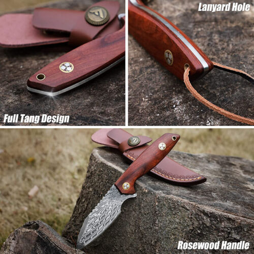 FLISSA Damascus Hunting Knife 8-1/2" Fixed Blade Knife Full-Tang Leather Sheath - Picture 5 of 8